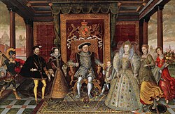 An Allegory of the Tudor Succession: The Family of Henry VIII circa 1590 date QS:P,+1590-00-00T00:00:00Z/9,P1480,Q5727902