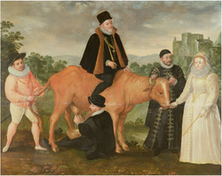 Queen Elizabeth I Feeds the Dutch Cow circa 1586 date QS:P,+1586-00-00T00:00:00Z/9,P1480,Q5727902